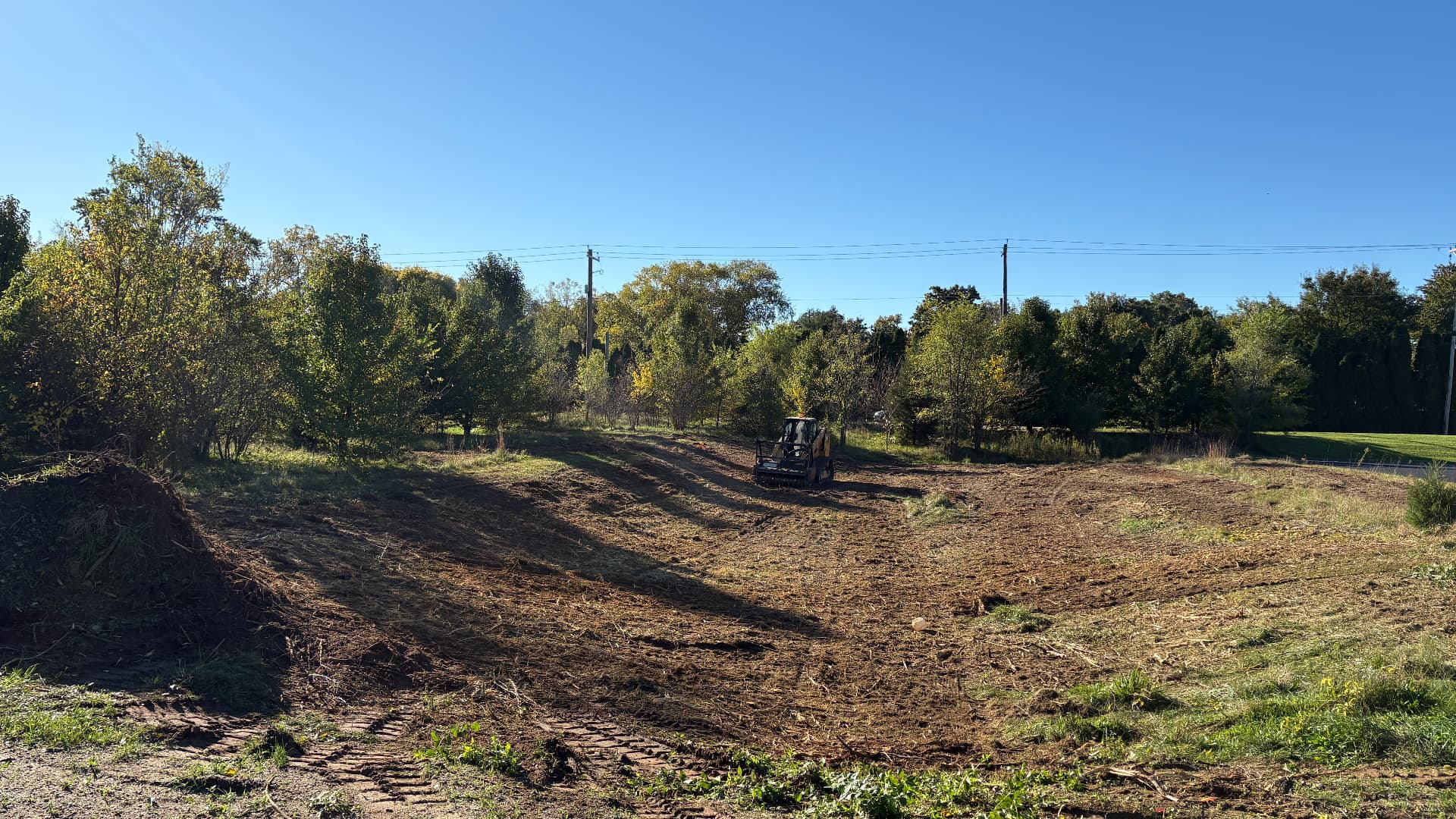 After: property mulched and cleared to open ground with the tracked loader on site
